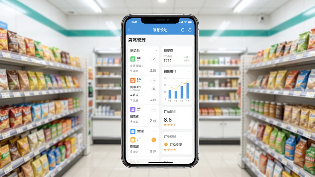 一张展示手机屏幕中如意店长助手应用主界面的场景图,画面中央是一部竖屏智能手机,屏幕上显示店铺管理数据看板,包含商品列表、销售统计图表和订单提醒卡片,背景是明亮整洁的便利店货架,整体布局居中,风格为写实产品展示风,细节丰富,画质清晰,干净,无多余元素