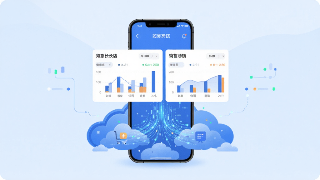 如意店长助手多店铺数据同步功能展示图,画面中一部手机屏幕显示两个店铺的销售对比图表,手机悬浮在云端数据流上方,背景为淡蓝色渐变,布局居中对称,风格为扁平化科技插画风,细节精致,画质清晰,干净,无多余元素