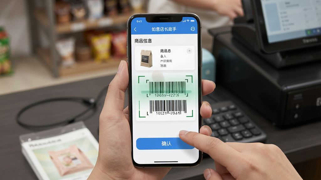 如意店长助手移动端操作示意图,画面展示一部手机正在扫描商品条码,屏幕显示商品信息录入界面,手指点击确认按钮,背景为收银台桌面,布局紧凑居中,风格为写实操作演示风,细节清晰,画质干净,无多余元素