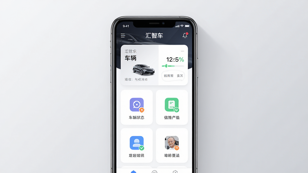 汇智车APP主界面展示,画面中央放置一部智能手机,屏幕显示汇智车应用首页,包含车辆状态卡片与功能图标,背景为浅灰色渐变,整体风格简洁现代,排版清晰,细节精致,画质干净,无多余元素