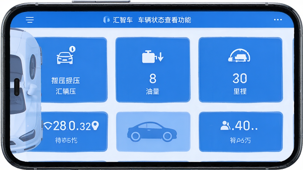 汇智车车辆状态查看功能界面,手机屏幕显示车辆信息卡片列表,包含胎压、油量、里程等图标,界面以蓝白配色为主,布局整齐,风格科技简约,细节清晰,画质干净,无多余元素