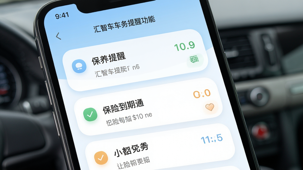 汇智车车务提醒功能界面,手机屏幕显示保养提醒与保险到期通知列表,界面采用柔和圆角卡片设计,配色清新,排版有序,风格生活化,细节丰富,画质干净,无多余元素