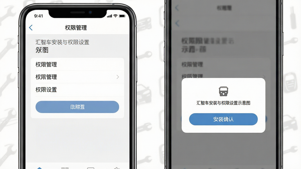汇智车安装与权限设置示意图,手机屏幕显示权限管理界面与安装确认弹窗,界面风格简洁,配色以白灰为主,排版清晰,细节明确,画质干净,无多余元素