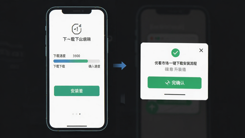 优看市场一键下载安装流程示意图,主体为手机屏幕显示下载进度条与安装确认弹窗,布局为从上到下的步骤流程,排版简洁明了,风格为扁平化UI设计,细节包含下载速度显示、安装按钮、完成提示图标,画质高清,干净,无多余元素