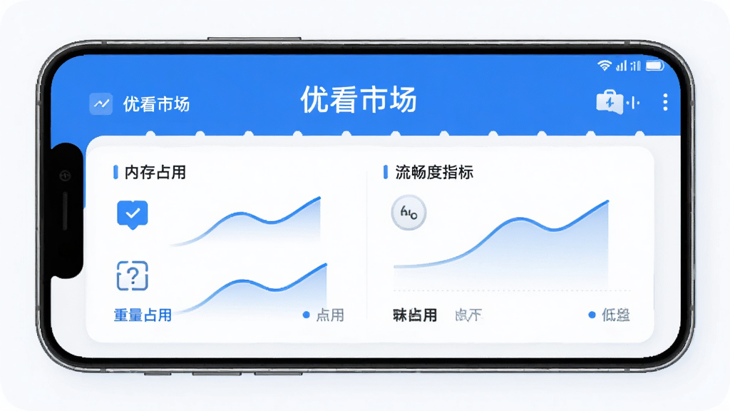 优看市场轻量运行低占用概念图,主体为手机屏幕显示优看市场应用运行界面,布局为左右分栏展示内存占用与流畅度指标,排版简洁现代,风格为科技蓝与白色搭配,细节包含轻量图标、流畅曲线、低占用标识,画质高清,干净,无多余元素