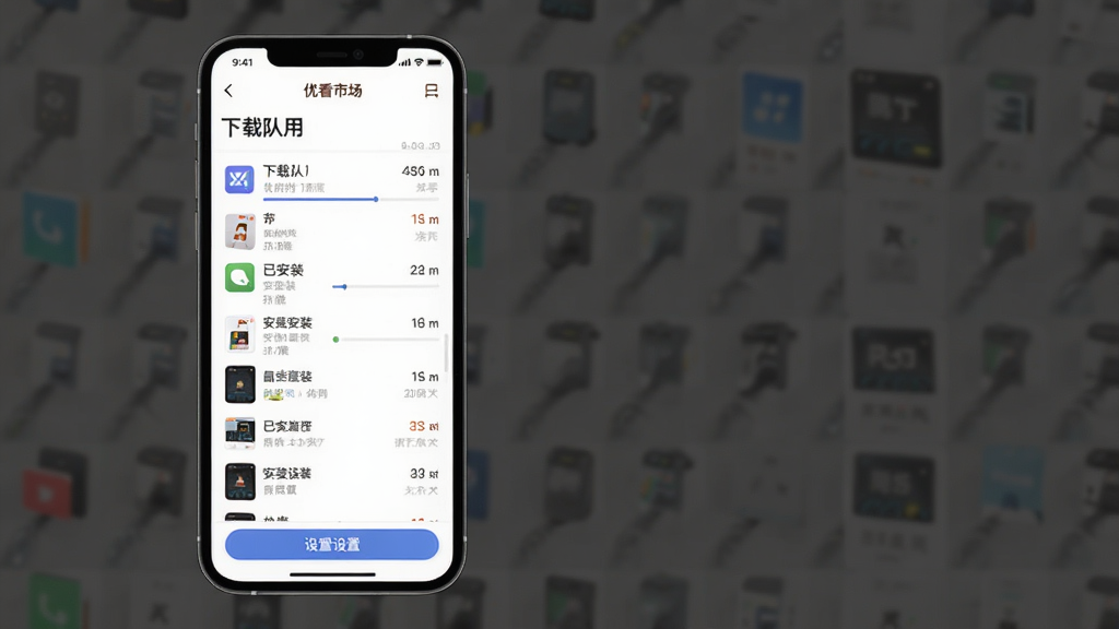 优看市场移动端操作界面截图展示,主体为手机屏幕显示优看市场应用管理页面,布局包含下载队列、已安装列表与设置选项,排版清晰有序,风格为现代简约UI,细节包含进度条、图标按钮、提示文字,画质高清,干净,无多余元素