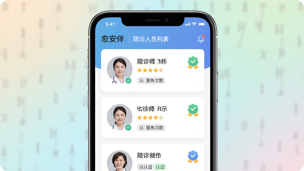 一张展示“愈安伴”APP界面中陪诊人员列表的图片,画面主体是手机屏幕特写,屏幕上显示多位陪诊师的头像、评分、服务次数和认证标签,布局采用居中展示手机界面,风格为干净现代的UI展示风,细节包括清晰的卡片式设计、星级评分图标、认证徽章,背景为柔和渐变色,画质清晰,干净,无多余元素。