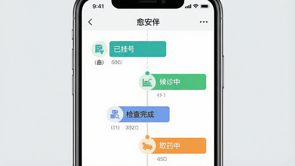 一张展示“愈安伴”APP实时进度同步功能的图片,画面主体是手机屏幕显示陪诊进度时间轴,包含“已挂号”“候诊中”“检查完成”“取药中”等节点,布局采用手机界面居中,风格为简洁信息图表风,细节包括时间轴线条、状态图标、进度高亮色块,背景为浅灰色,画质清晰,干净,无多余元素。