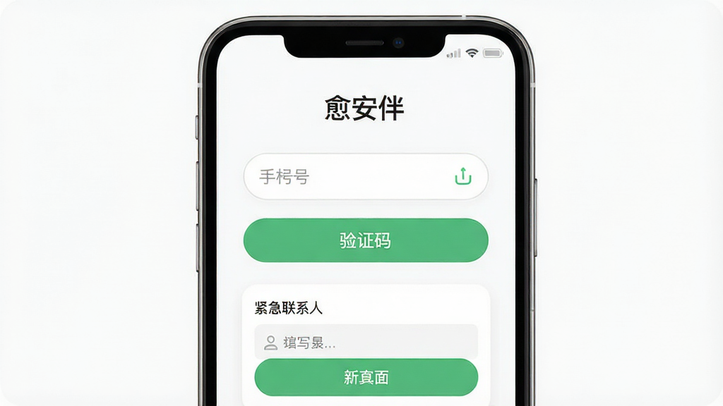 一张展示“愈安伴”APP新手操作界面的图片,画面主体是手机屏幕显示注册引导页,包含手机号输入框、验证码按钮和“紧急联系人”填写区域,布局采用手机界面居中,风格为清新扁平化UI风,细节包括圆角输入框、绿色主色调按钮、简洁图标,背景为白色,画质清晰,干净,无多余元素。