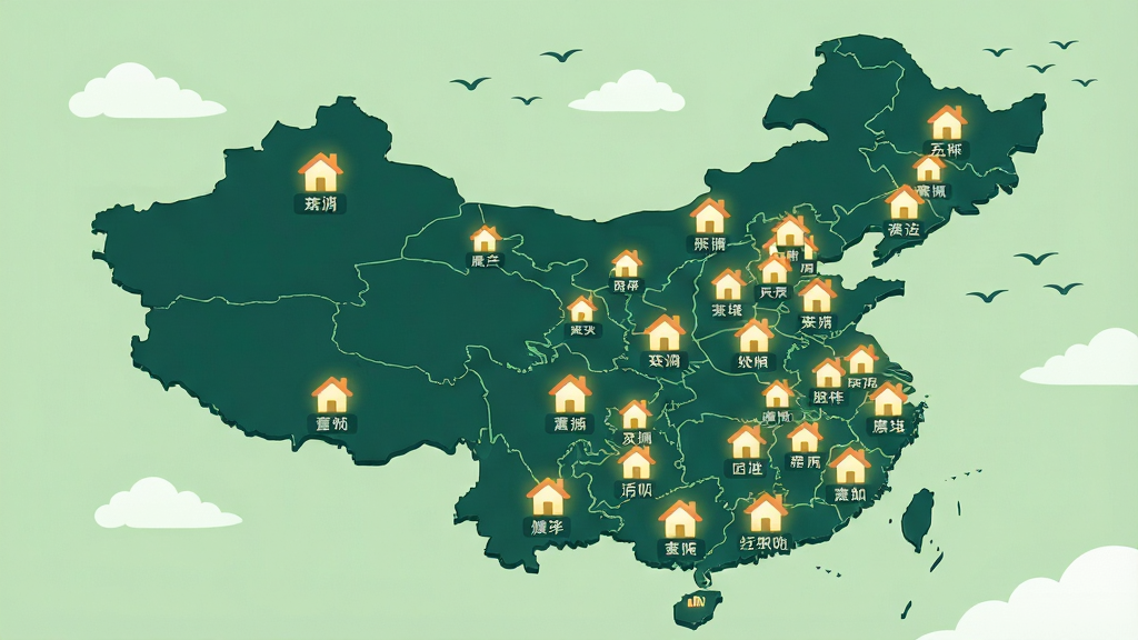 画面主体为中国地图轮廓,地图上分布着许多发光的房屋图标,代表不同城市的房源。布局采用俯视视角,地图占据画面大部分空间。排版简洁大气,风格为扁平化插画风格。细节包括每个房屋图标下方有城市名称标签,地图背景为淡绿色,周围有云朵和飞鸟装饰。画质高清,干净,无多余元素。