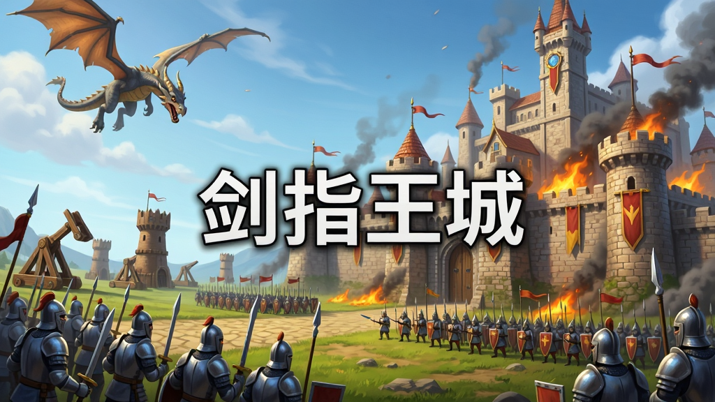 画面主体是一座宏伟的中世纪魔幻王城,城墙高耸,旗帜飘扬,城外有大量士兵列阵,远处有投石车和攻城塔正在推进,天空中有巨龙飞过,整体布局采用横向宽幅构图,上方留出天空,下方是战场地面,排版上王城位于画面中央偏右,左侧是进攻方军队,风格为欧美卡通魔幻写实,细节包括士兵铠甲反光、城墙砖石纹理、火焰与烟雾特效,画质高清,画面干净,无多余元素,图片中央用大号字体标注“剑指王城”