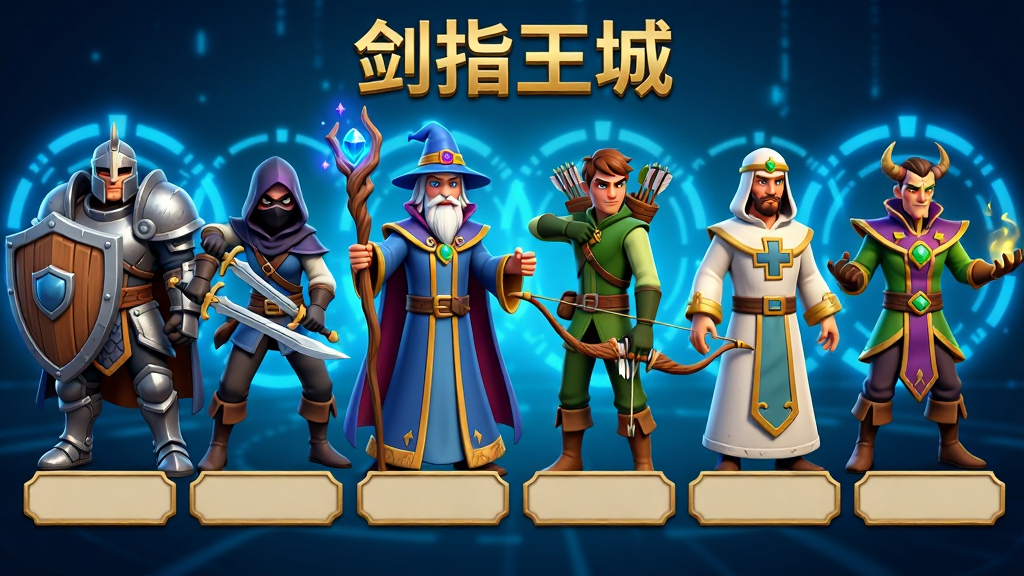 画面主体是六位风格不同的魔幻英雄角色并排站立,从左到右依次为持盾重甲战士、双剑刺客、法杖法师、弓箭手、治疗牧师、召唤师,布局采用横向一字排开,背景是虚拟的蓝色科技感光晕,排版上每个角色下方有空白名牌区域,风格为欧美卡通3D渲染,细节包括盔甲金属质感、法杖宝石发光、弓箭手箭袋纹理,画质高清,画面干净,无多余元素,图片上方用金色字体标注“剑指王城”