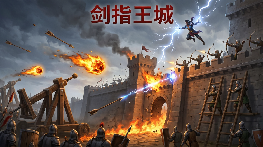 画面主体是一场激烈的攻城战,左侧是进攻方军队,有投石车正在抛射火球,右侧是防守方城墙,城墙上弓箭手正在射击,城墙下方有步兵正在架设云梯,天空中有英雄正在释放雷电技能,布局采用斜向透视构图,排版上战斗焦点集中在城墙缺口处,风格为魔幻战争CG风格,细节包括火焰燃烧、箭矢飞行、技能光效,画质高清,画面干净,无多余元素,图片顶部用红色字体标注“剑指王城”