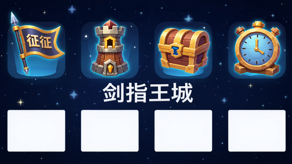 画面主体是四个并排的游戏模式图标,从左到右分别是远征旗帜、试炼塔、限时活动宝箱、挂机时钟,布局采用横向等距排列,背景是深蓝色星空,排版上每个图标下方有空白文字区域,风格为扁平化游戏UI风格,细节包括图标立体感、边缘发光、星空点缀,画质高清,画面干净,无多余元素,图片中央用白色字体标注“剑指王城”