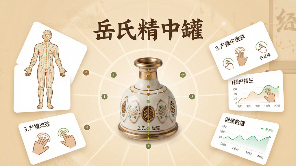 手机屏幕中央展示一个精致的陶瓷拔罐器,周围环绕着人体经络穴位示意图和操作步骤卡片,背景为温暖的米黄色中医风格,画面主体突出“岳氏精中罐”五个汉字标题,布局采用中心辐射式排版,风格为现代中医健康类App界面,细节包含穴位标注线、操作手势图标、健康数据曲线,画质高清,干净,无多余元素