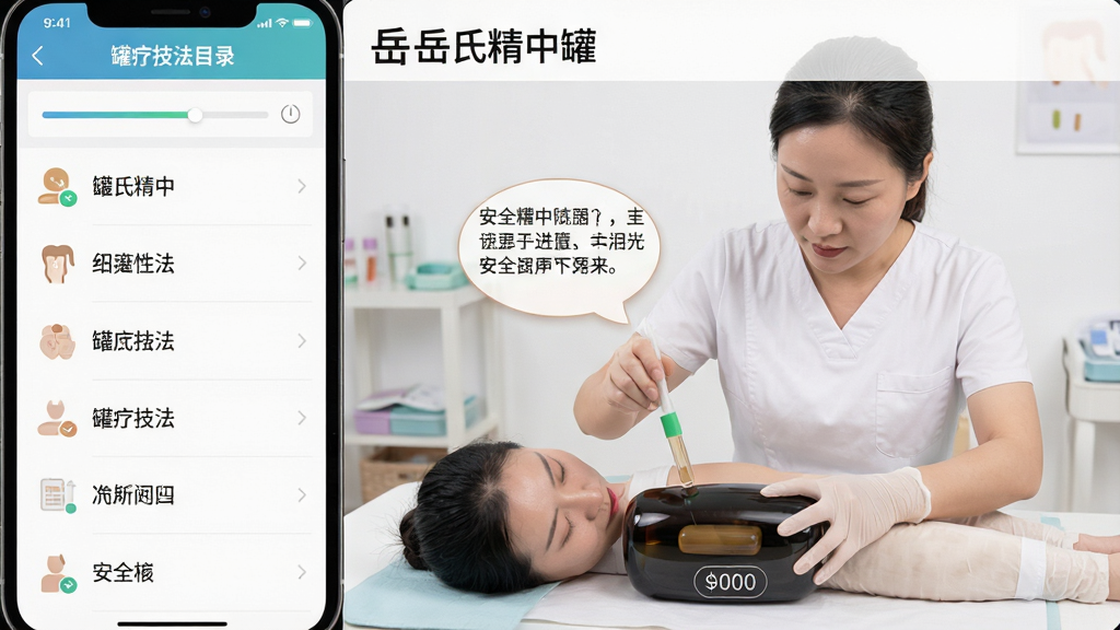 一款手机应用界面截图,画面左侧为竖排的罐疗技法目录列表,右侧为真人演示走罐操作的大图,图片上方有“岳氏精中罐”软件名称标识,布局为左右分栏式,风格为清爽医疗教学类App,细节包含进度条、时间标注、安全提示气泡,画质高清,干净,无多余元素
