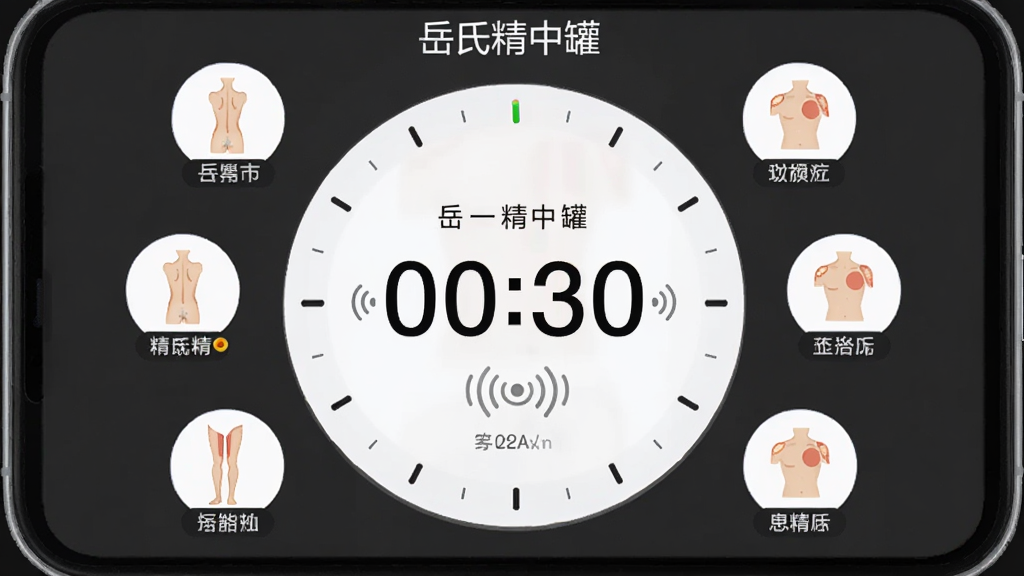 手机屏幕显示一个圆形倒计时表盘,表盘周围环绕着人体背部、腿部、肩部等部位的小图标,屏幕顶部有“岳氏精中罐”文字,布局为居中圆形排版,风格为现代简约工具类App,细节包含倒计时数字、震动波纹图标、部位标签,画质高清,干净,无多余元素