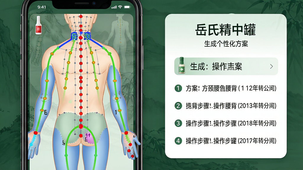 手机界面展示一张人体经络穴位图,图上用不同颜色标注了肩颈、腰背、腿部等区域,旁边有“岳氏精中罐”生成的个性化方案卡片,布局为左图右卡片的双栏结构,风格为中医健康管理类App,细节包含穴位红点、方案名称、操作步骤序号,画质高清,干净,无多余元素