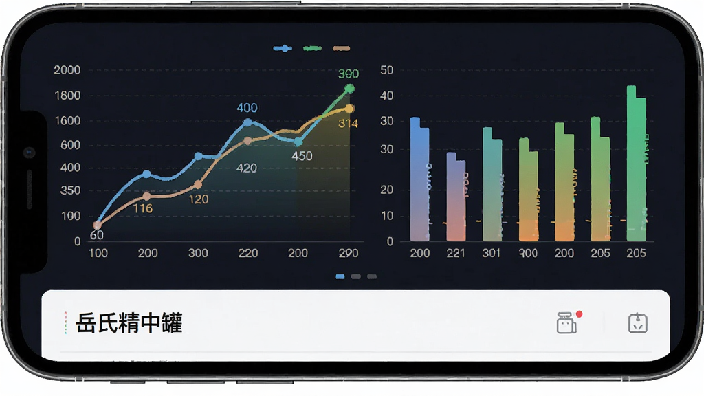 手机屏幕展示一个折线图和柱状图组合的数据面板,图表下方有“岳氏精中罐”健康记录列表,布局为上下结构,风格为数据可视化健康类App,细节包含日期轴、数值标签、颜色区分的数据条,画质高清,干净,无多余元素