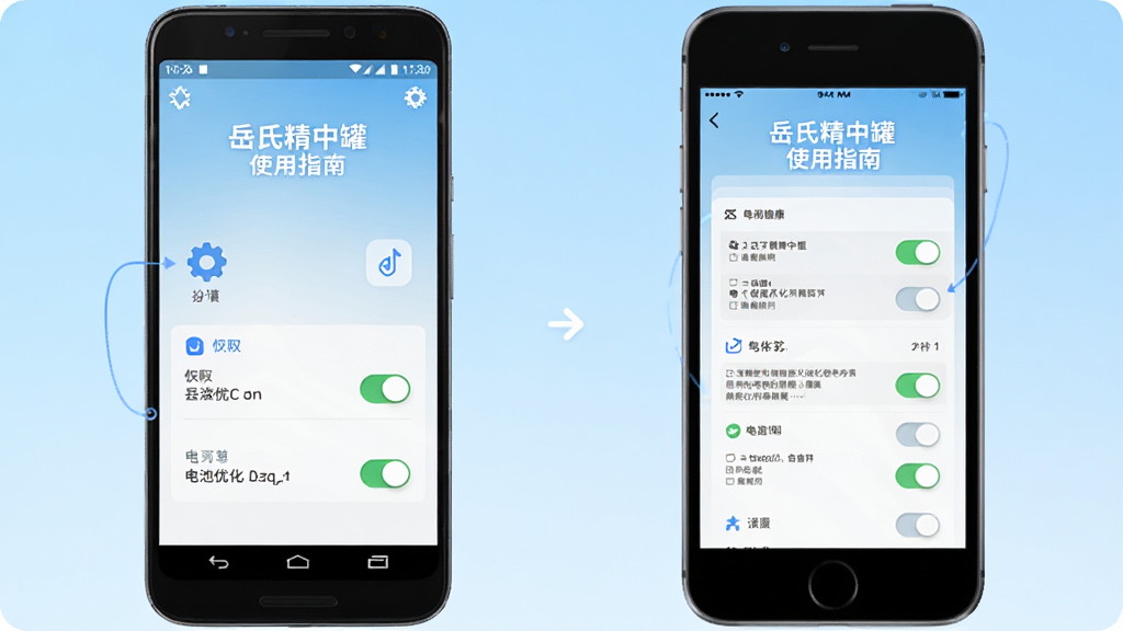 手机屏幕显示“岳氏精中罐”使用指南页面,画面中有安卓和苹果手机并排展示操作步骤,背景为浅蓝色渐变,布局为左右对照式,风格为科技健康类App引导页,细节包含设置图标、权限开关、电池优化白名单界面,画质高清,干净,无多余元素