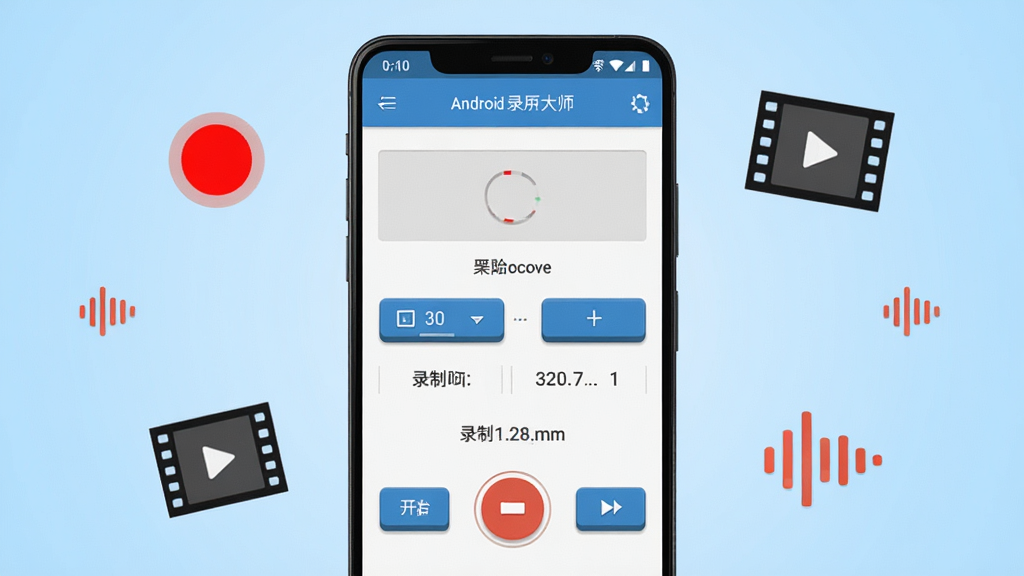 一张展示安卓录屏大师软件界面的手机预览图,画面中央是一部竖屏安卓手机,手机屏幕上显示录屏大师应用的主界面,包含开始录制按钮、分辨率设置选项和录制时长显示,手机周围环绕着录制红点、视频胶卷和声波图标等元素,整体布局简洁清晰,背景为浅蓝色渐变,风格为扁平化科技风,细节上按钮带有轻微立体感,画质清晰干净,无多余杂乱元素