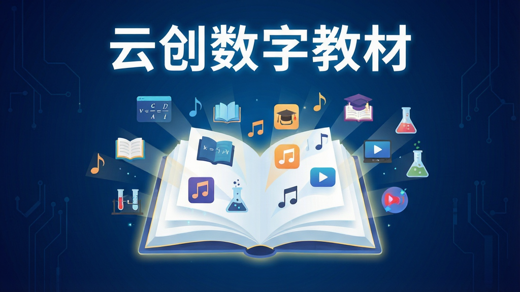 画面主体为一本悬浮在中央的发光数字教材,书页展开后飞出各类学科图标与多媒体元素,背景为深蓝色科技渐变,布局采用中心放射状,排版上方留白处写有“云创数字教材”白色发光字体,风格为现代教育科技扁平插画,细节包括书本边缘的光晕、图标有数学公式、音乐符号、实验器皿等,画质高清,干净无多余元素