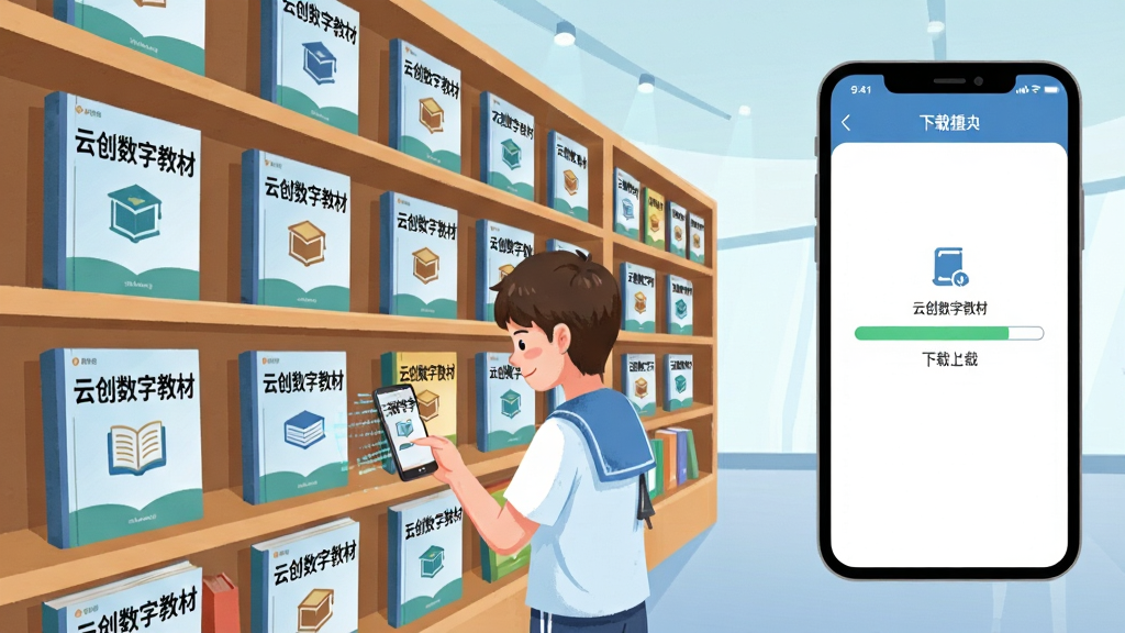 画面主体为一个巨大的虚拟图书馆书架,书架上整齐排列着带有“云创数字教材”标识的电子书,书架前有一位学生正用手机扫描书籍,布局采用透视构图,排版左侧为书架右侧为手机界面,风格为清新教育插画,细节包括书籍封面的学科图标、手机屏幕显示下载进度条,画质明亮,干净无多余元素
