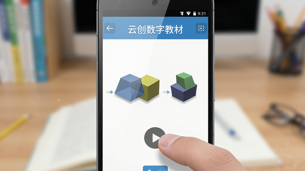 画面主体为一部安卓手机屏幕特写,屏幕中显示云创数字教材的交互页面,页面上有可拖拽的三维几何模型和播放按钮,布局为手机居中,排版背景为虚化的书桌场景,风格为写实数码产品展示,细节包括屏幕反光、手指触控动作、页面上的“云创数字教材”标题栏,画质锐利,干净无多余元素