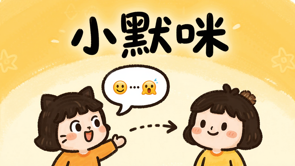 画面上半部分为“小默咪”文字标识,下半部分为两个卡通人物对话场景,左侧人物抛出对话气泡,右侧人物微笑回应,中间用虚线箭头连接,背景为暖黄色调,布局上下结构,排版居中,风格为手绘卡通,细节包括气泡内的省略号和表情符号,画质高清,干净,无多余元素