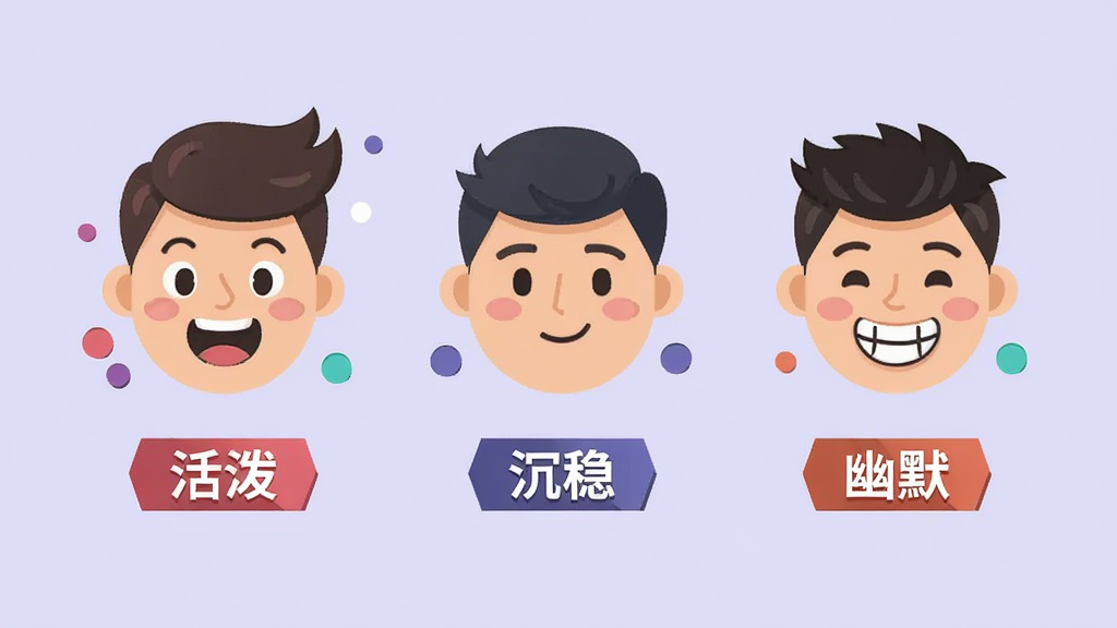 画面中央展示三个不同表情的卡通头像,分别代表活泼、沉稳、幽默三种性格,头像下方有对应的文字标签“活泼”“沉稳”“幽默”,背景为浅紫色,布局横向排列,排版整齐,风格为扁平化图标设计,细节包括头像旁边的颜色圆点和标签底色,画质高清,干净,无多余元素