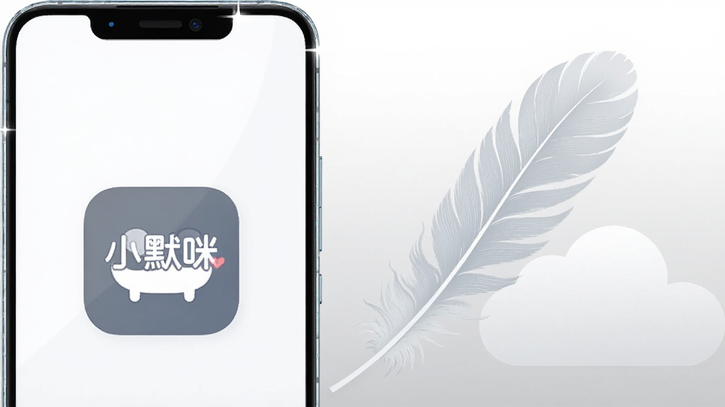 画面左侧为一部轻薄手机,右侧为一片羽毛和一朵云,手机屏幕显示“小默咪”图标,羽毛和云象征轻量,背景为白色到浅灰色的渐变,布局左重右轻,排版简约,风格为极简矢量插画,细节包括手机边缘的高光和羽毛的细腻纹理,画质高清,干净,无多余元素