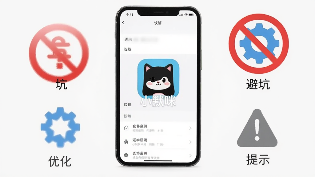 画面中央为一部手机,手机屏幕显示“小默咪”图标和设置界面,手机周围有红色禁止符号、蓝色齿轮和灰色感叹号三个小图标,分别代表避坑、优化和提示,背景为浅灰色,布局居中,排版清晰,风格为信息图插画,细节包括图标下方的简短文字标签,画质高清,干净,无多余元素