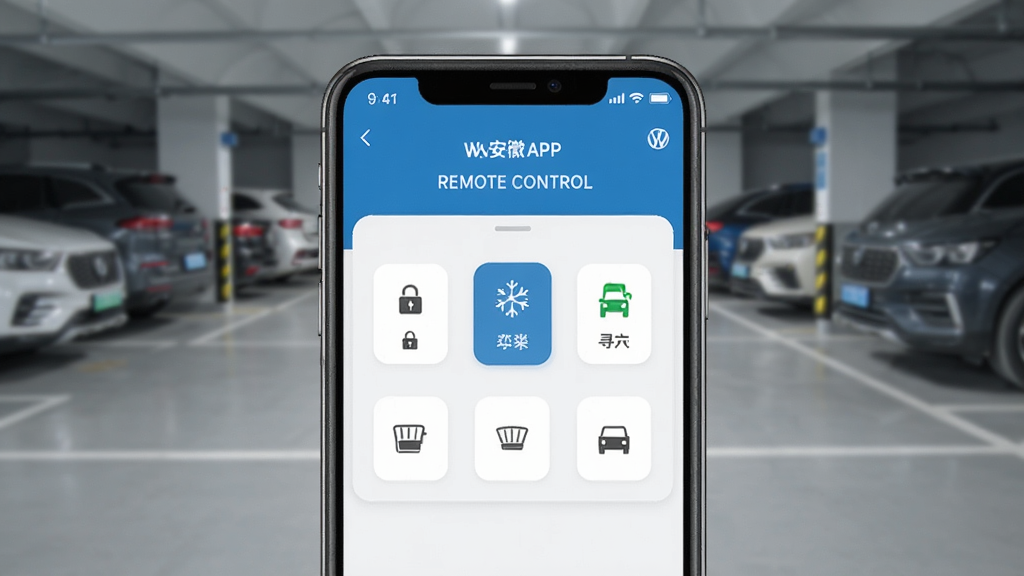一张展示大众安徽APP远程控制功能的界面截图,画面中手机屏幕显示车辆控制面板,包含车门锁、空调、寻车、车窗等图标按钮,背景为模糊的停车场场景,风格为现代科技风,细节清晰,画质干净,无多余元素