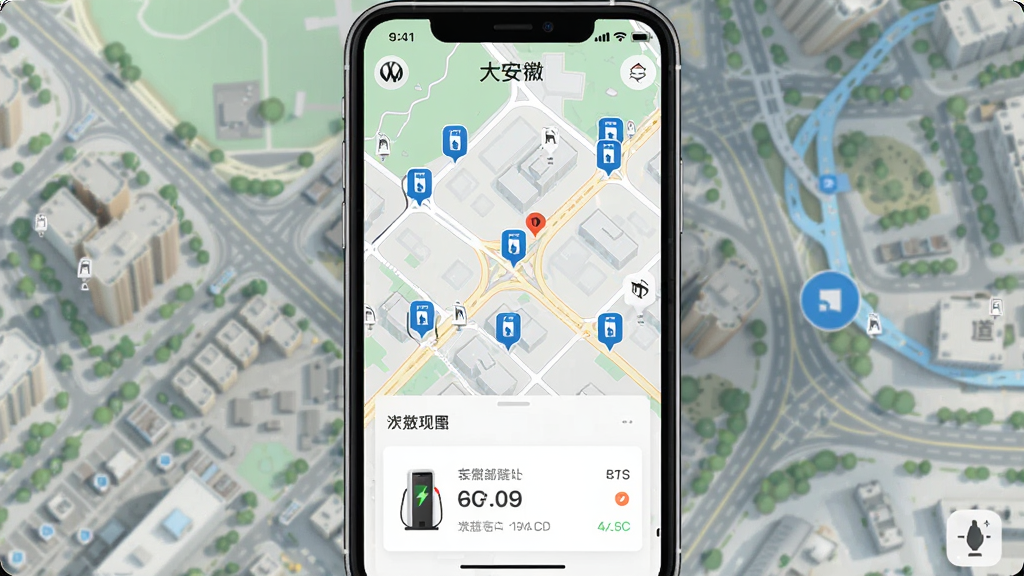 一张展示大众安徽APP充电地图功能的界面截图,手机屏幕显示地图上分布着多个充电站图标,下方有充电桩详情卡片,背景为城市道路俯瞰图,风格为清新地图风,细节清晰,画质干净,无多余元素