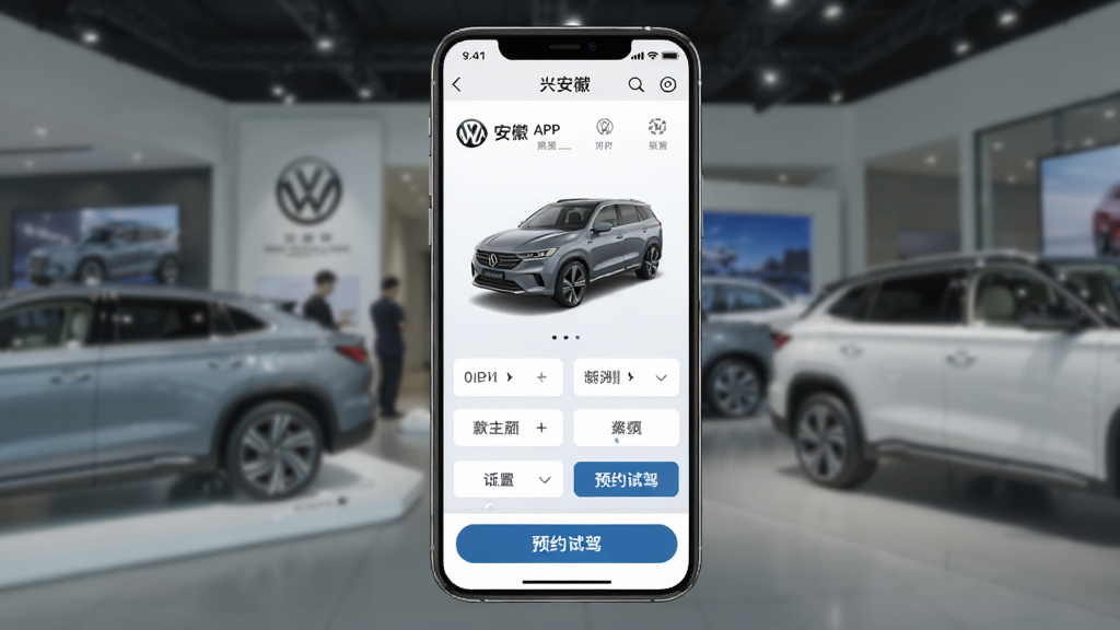 一张展示大众安徽APP在线选车功能的界面截图,手机屏幕显示车型3D展示和配置选择选项,下方有预约试驾按钮,背景为汽车展厅环境,风格为高端商务风,细节清晰,画质干净,无多余元素