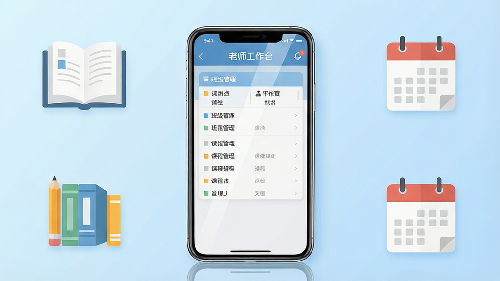 一张展示老师工作台软件主界面的预览图,画面中央放置一部智能手机,手机屏幕上清晰显示着班级管理列表和课程表界面,周围环绕着书本、铅笔、日历等教育元素图标,整体布局为居中构图,风格为清新简约的扁平化设计,细节上手机屏幕有轻微反光,背景为浅蓝色渐变,画质清晰干净,无多余元素,图片中文字显示“老师工作台”