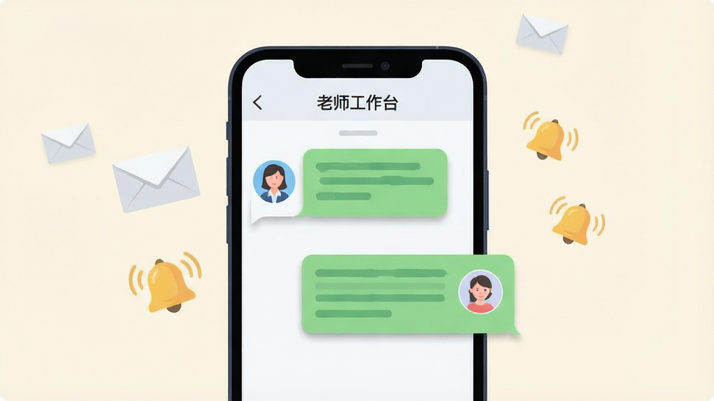 一张展示老师工作台家校沟通功能的示意图,画面中心为手机屏幕显示聊天对话框,对话框中有教师头像和家长头像,旁边漂浮着信封和铃铛图标,布局为左右对称,风格为现代科技感矢量图,细节上对话框有轻微阴影,背景为柔和米白色,画质清晰干净,无多余元素,图片中文字显示“老师工作台”