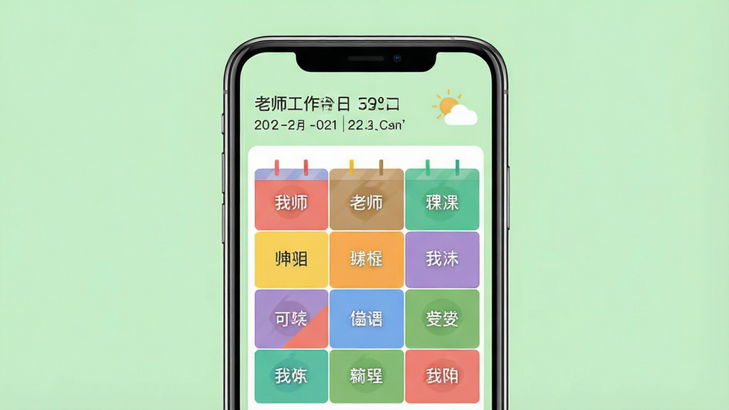 一张展示老师工作台课程表功能的预览图,画面主体为手机屏幕显示彩色课程表网格,每个格子内写有科目名称,屏幕上方有日期和天气信息,布局为居中展示,风格为清新明快的扁平化设计,细节上课程表用不同颜色区分科目,背景为浅绿色,画质清晰干净,无多余元素,图片中文字显示“老师工作台”