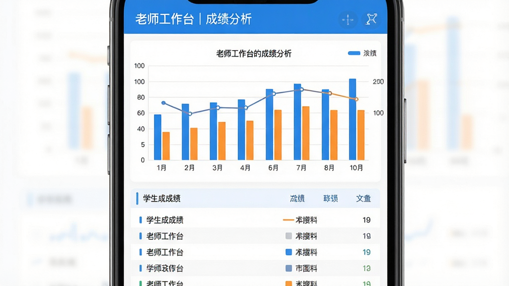 一张展示老师工作台成绩分析界面的预览图,画面主体为手机屏幕显示柱状图和折线图,图表下方有学生成绩列表,布局上图表占据屏幕上半部分,列表在下半部分,风格为专业商务风,细节上图表颜色为蓝色和橙色搭配,背景为白色,画质清晰干净,无多余元素,图片中文字显示“老师工作台”