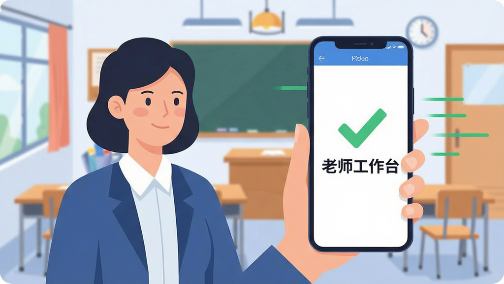 一张展示老师工作台在手机端运行流畅的示意图,画面主体为手持智能手机的教师,手机屏幕显示软件界面正常加载,屏幕周围有绿色对勾和速度线条表示流畅,布局为人物居左手机居右,风格为现代扁平插画,细节上教师背景有教室元素,画质清晰干净,无多余元素,图片中文字显示“老师工作台”