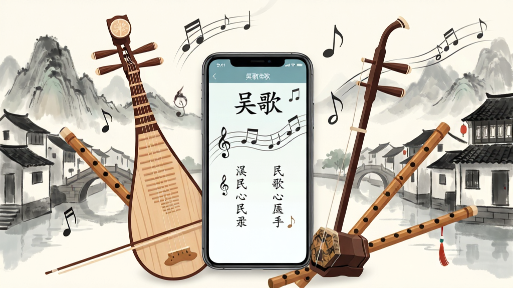 一幅展现中国传统音乐文化的插画,画面中央放置一部智能手机,手机屏幕上显示着“吴歌”应用界面,界面中有音符和民歌歌词元素,手机周围环绕着琵琶、二胡、笛子等传统乐器,背景是水墨风格的山水与江南水乡建筑,布局采用中心对称构图,风格为现代扁平插画与国风结合,细节包括音符飘动、乐器的纹理清晰,画质高清,干净无多余元素。