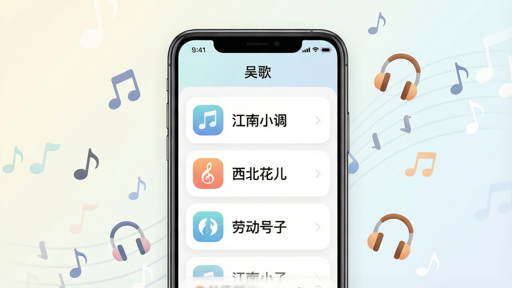一幅展示手机音乐应用界面的图片,画面中心是一部手机,屏幕上显示“吴歌”应用中的民歌分类列表,列表项包括“江南小调”“西北花儿”“劳动号子”等文字标签,手机周围漂浮着音符和耳机图标,背景为浅色渐变,风格清新简约,布局为居中展示,细节包括图标圆润、文字清晰,画质高清,干净无多余元素。
