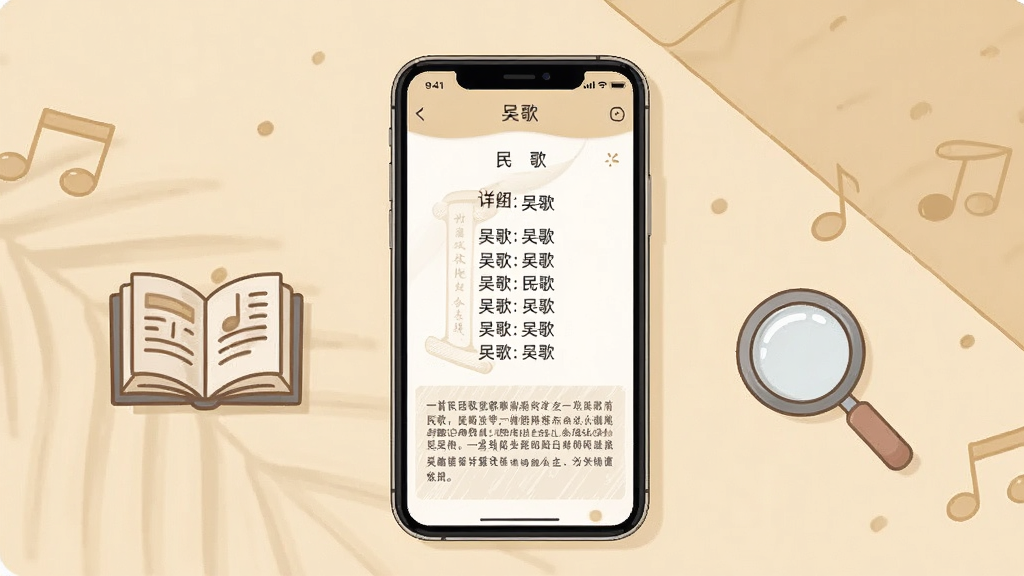 一幅展示手机屏幕显示民歌详细介绍页面的图片,画面中手机屏幕上出现“吴歌”应用里一首民歌的歌词和背景文字介绍,屏幕旁边有书籍和放大镜的图标,背景为温暖的米黄色调,风格为简约插画,布局为手机居中,细节包括文字排版整齐、图标精致,画质高清,干净无多余元素。