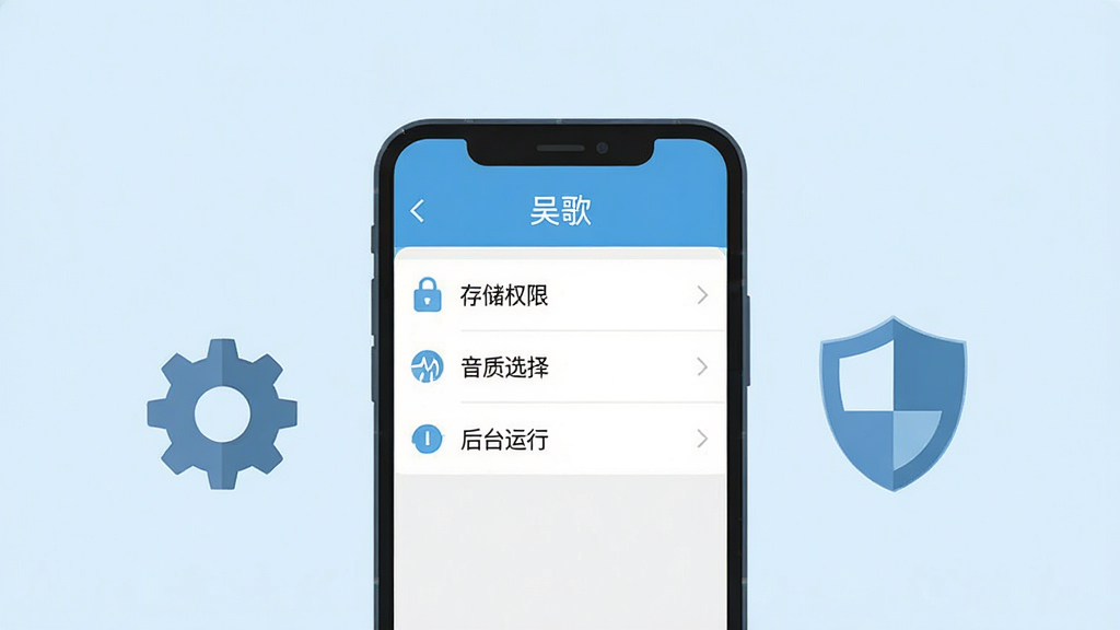 一幅展示手机应用设置界面的插图,画面中手机屏幕显示“吴歌”应用的设置菜单,菜单项包括“存储权限”“音质选择”“后台运行”等文字,手机旁边有齿轮和盾牌图标,背景为淡蓝色,风格扁平化,布局为手机居中,细节包括图标简洁、文字清晰,画质高清,干净无多余元素。