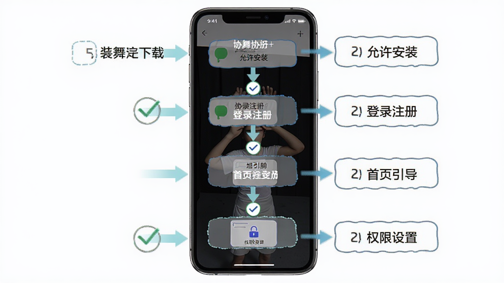 协舞新手操作指引图,主体为一部手机展示协舞下载安装流程,屏幕内分步骤显示允许安装、登录注册、首页引导、权限设置。布局为纵向流程图,风格简洁教学,细节包括勾选图标、箭头指引、文字说明框。画质清晰,干净,无多余元素。
