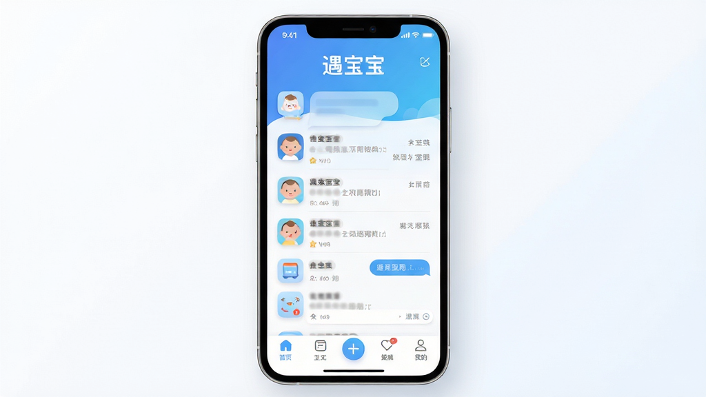 手机屏幕中央展示遇宝宝应用主界面,顶部显示软件名称遇宝宝,界面布局包含底部导航栏与聊天列表,整体采用蓝白渐变配色,背景干净简洁,风格为现代扁平化UI设计,细节包含圆角图标、柔和阴影、清晰文字排版,画质高清,干净,无多余元素