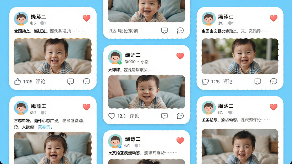 遇宝宝动态广场页面截图风格,主体为瀑布流图文卡片布局,每张卡片包含用户头像、昵称、动态文字与配图,排版错落有致,风格为明亮活泼的社区界面,细节包含圆角卡片、点赞图标、评论气泡,画质高清,干净,无多余元素
