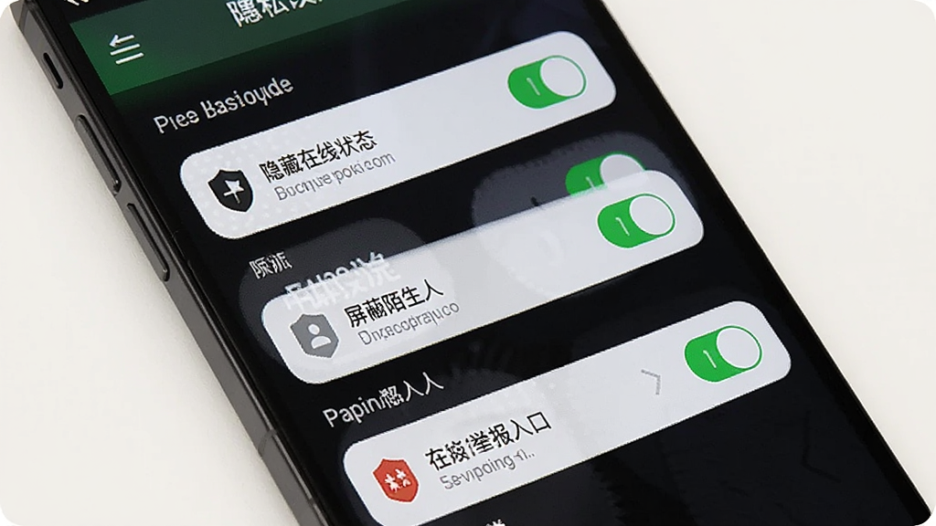 遇宝宝隐私安全设置界面,主体为手机屏幕展示权限开关列表,包含隐藏在线状态、屏蔽陌生人、举报入口等选项,布局为纵向列表排列,风格为简约安全类应用界面,细节包含盾牌图标、绿色开关按钮、清晰分组标题,画质高清,干净,无多余元素