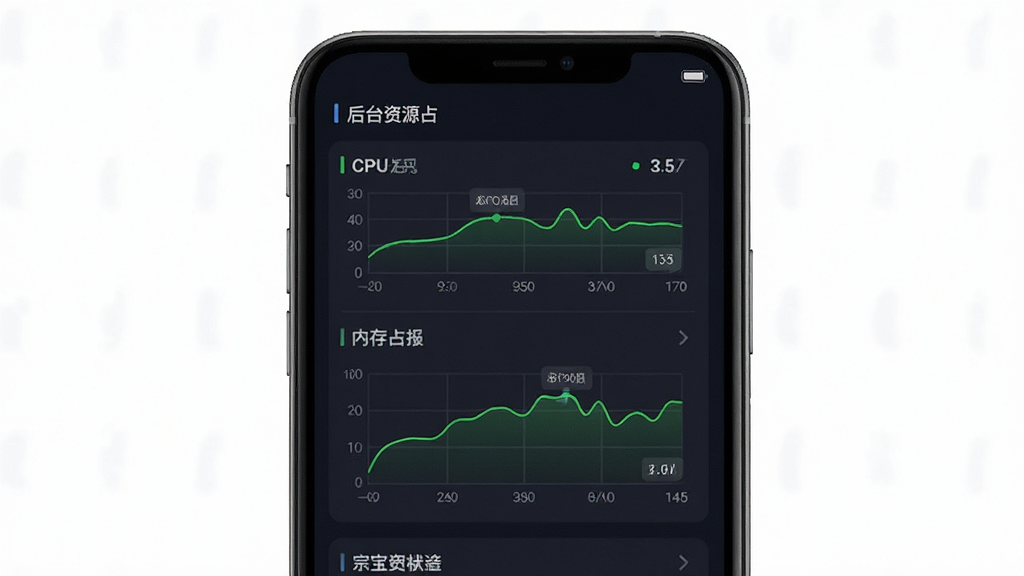 遇宝宝应用运行状态示意图,主体为手机展示后台资源占用面板,包含CPU与内存占用曲线,布局为上下结构,风格为科技感数据面板,细节包含绿色低占用曲线、简洁数值标签、深色背景,画质高清,干净,无多余元素