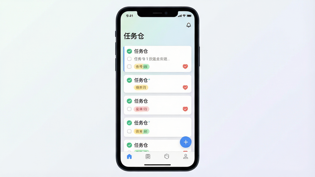一张手机屏幕正面展示任务管理应用界面的图片,画面中央是名为